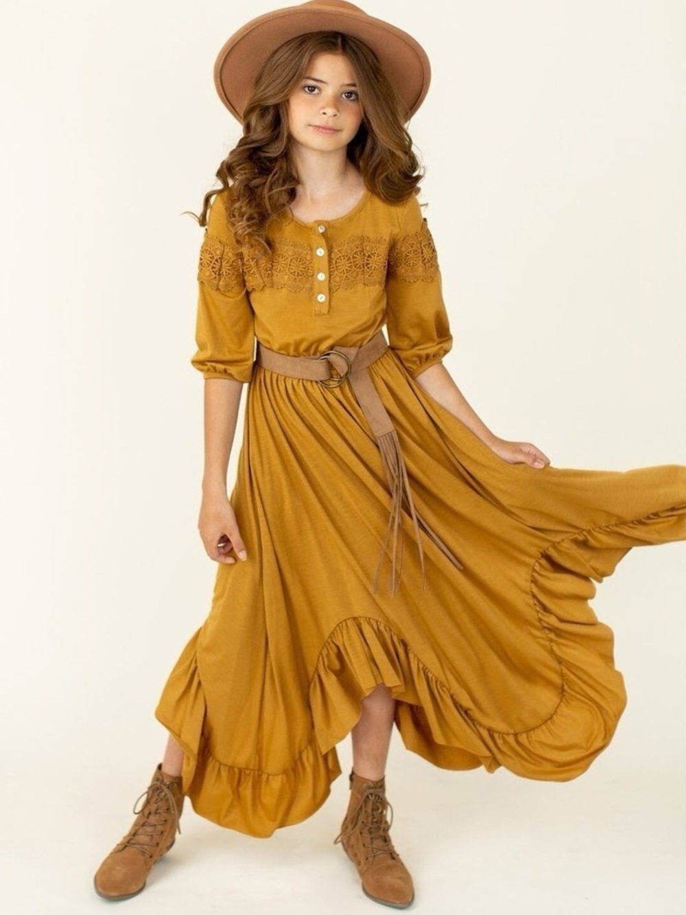 Joyfolie Elvia Mustard Lace Yoke Ruffle Hem Dress in Marigold